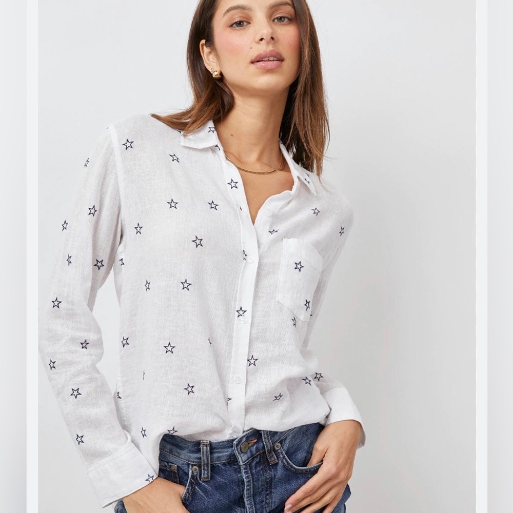 Rails XS white linen blouse with blue stars